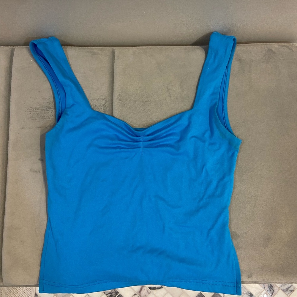 Blue Ruched Fitted Sleeveless Tank Top